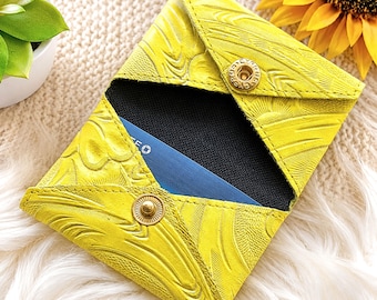 Personalized Floral Goat Leather Card Holder, Handmade Embossed Snap Wallet