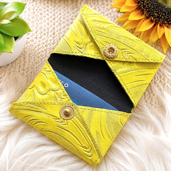 Personalized Floral Goat Leather Card Holder, Handmade Embossed Snap Wallet