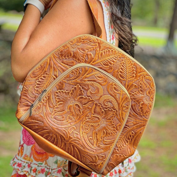 Handmade Floral Leather Backpack Purse, Tooled Western Backpack for Women, Boho Travel Bag, Personalized Leather Backpack