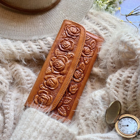 Personalized Floral Leather Wallet for Women • Engraved Cottagecore Gift