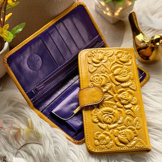Spring Floral Leather Wallet: Yellow Cottagecore Roses, Purple Interior