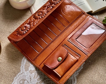 Tooled Leather Wallet for Women: Handmade Sunflower Trifold Boho Style