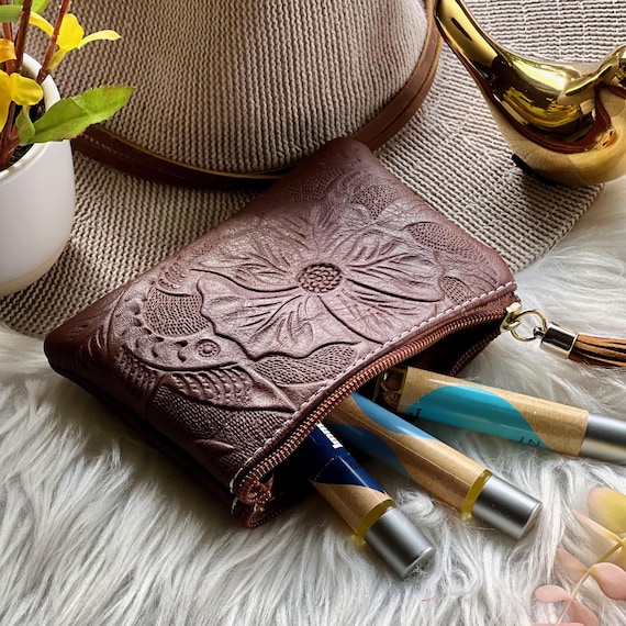 Embossed Leather Makeup Bag: Personalized Floral Pouch