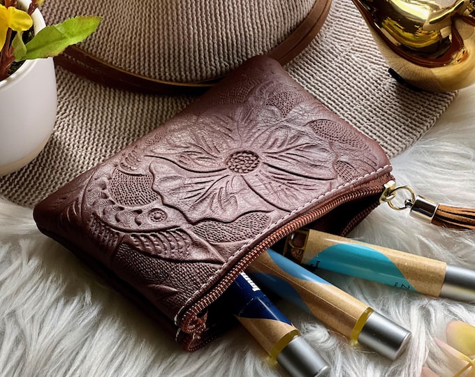Embossed Leather Makeup Bag: Personalized Floral Pouch