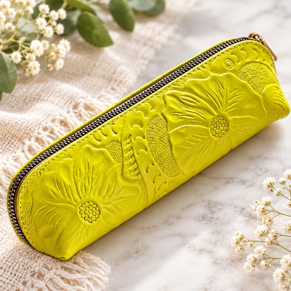 Personalized Leather Pencil Case, Floral Zipper Pouch, Makeup Brush & Cosmetic Bag