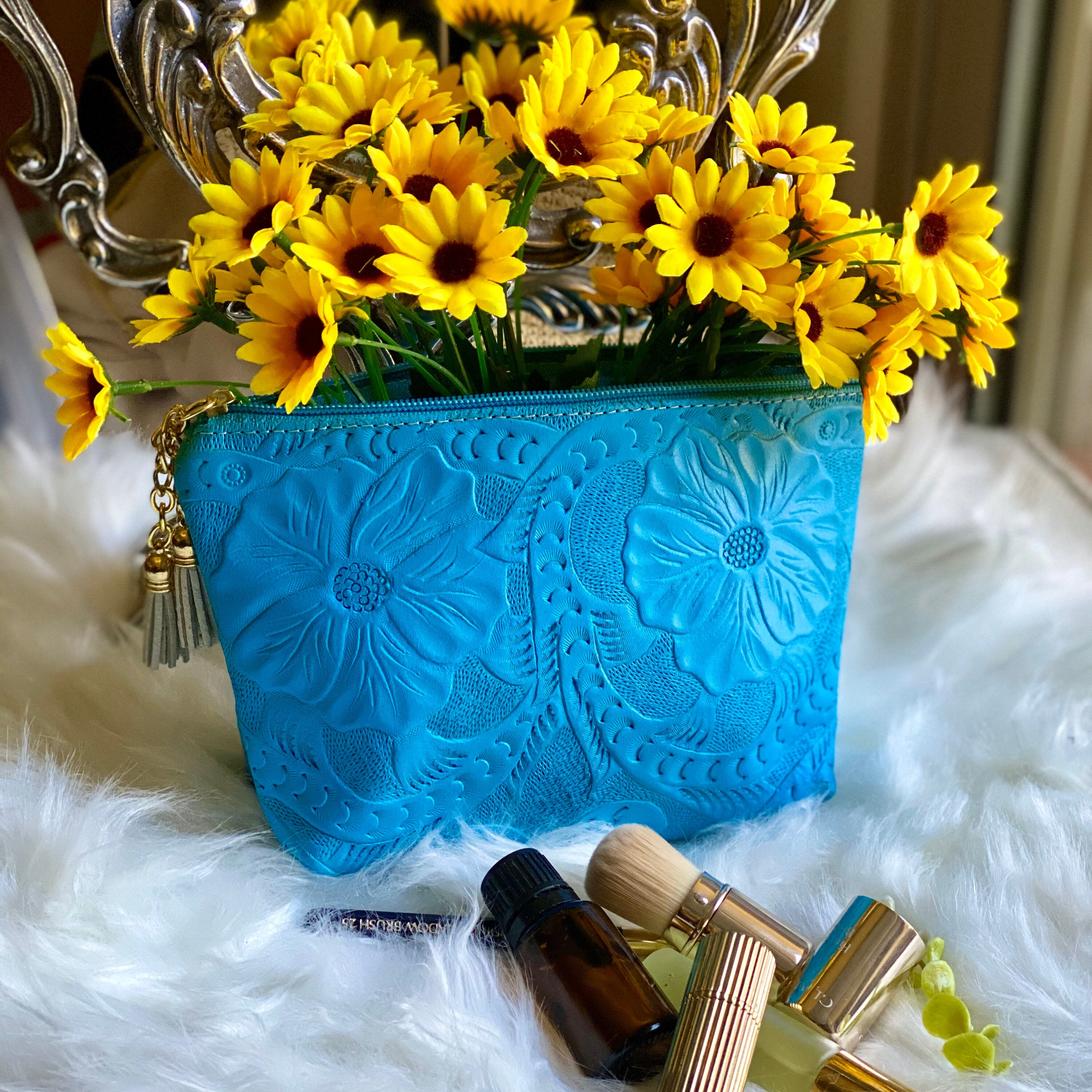 Authentic Leather Tooled Makeup Bag • Handmade Cosmetic Bag • Gift for