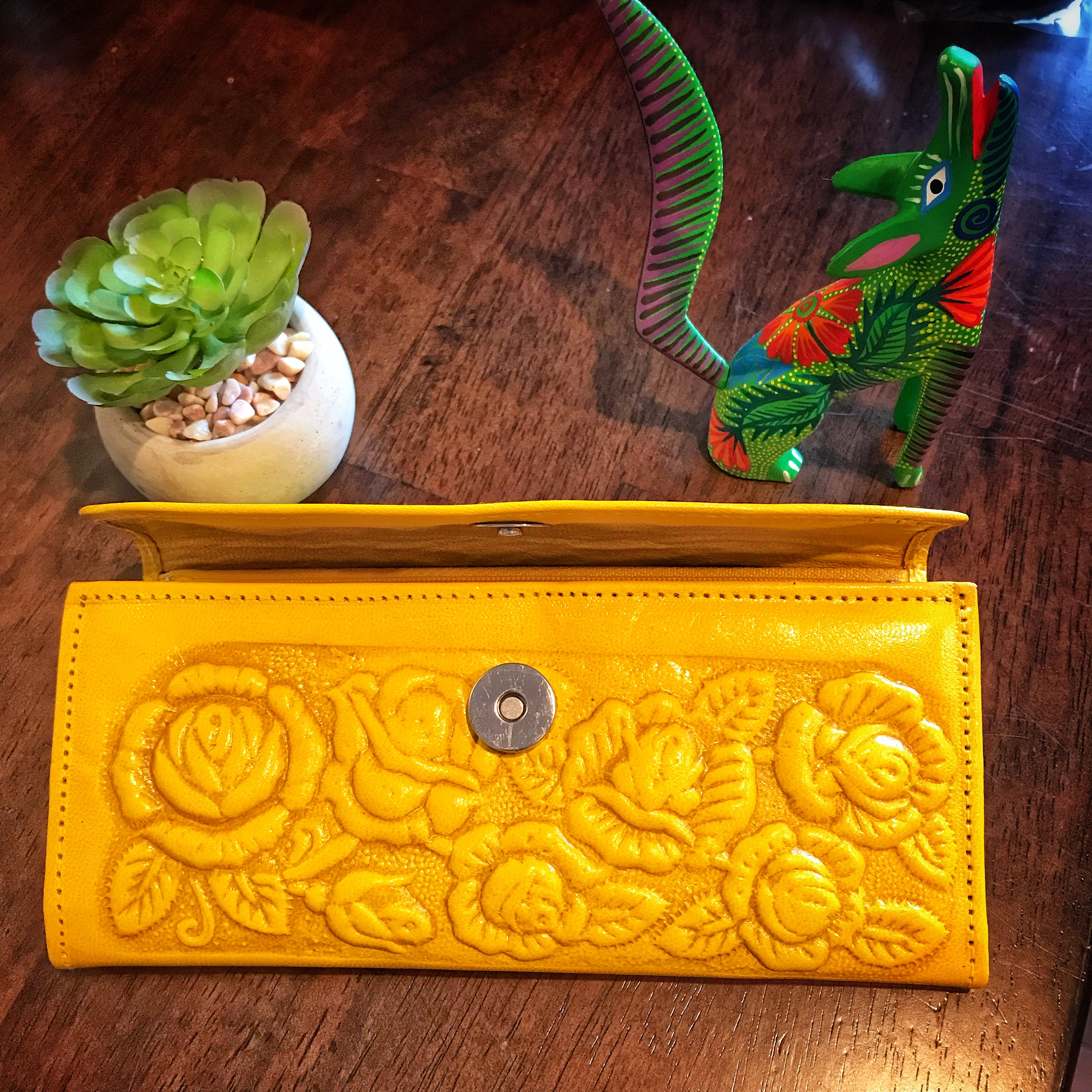 Tooled Leather, yellow leather Wallet, Genuine leather, Bohemian style