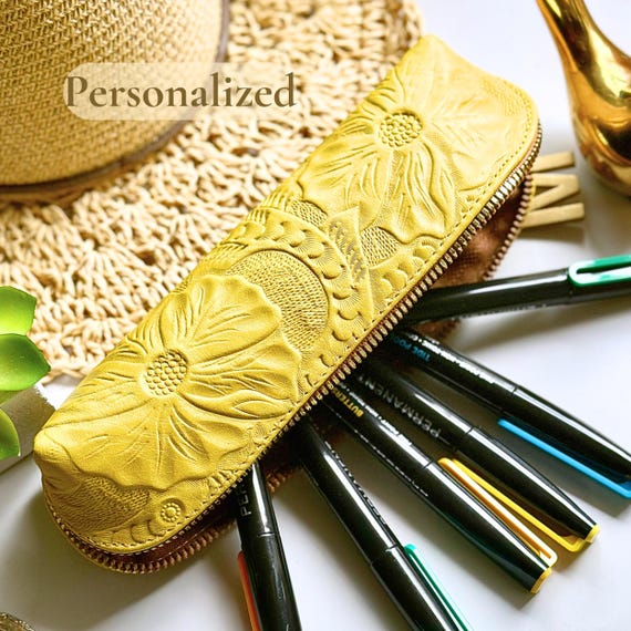 Personalized Hand Embossed Leather Pencil Case, Floral Pen Pouch, Leather Organizer, Makeup Brush Bag, Teacher Gift
