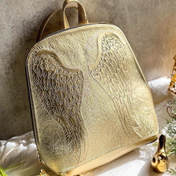 Gold Angel Wings Leather Backpack, Metallic Western Boho Backpack Purse, Handmade Tooled Leather Statement Bag for Women