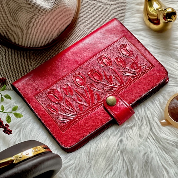 Double Leather Passport Holder: Red Tulip Embossed Travel Wallet