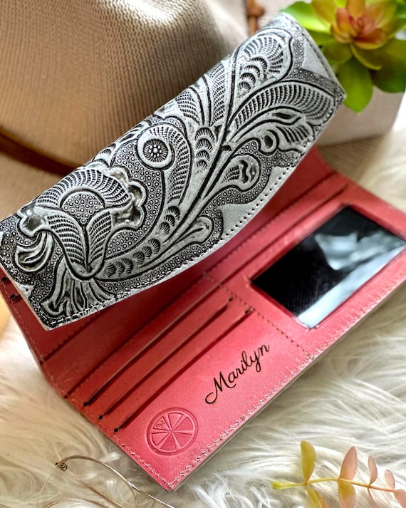 Handmade Embossed Leather Wallet: Boho Women's Wallet with ID Window