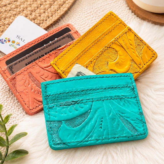 Handmade Leather Card Holder Wallet for Women, Western Tooled Leather Billfold, Minimalist Slim Wallet, Gift for Mom