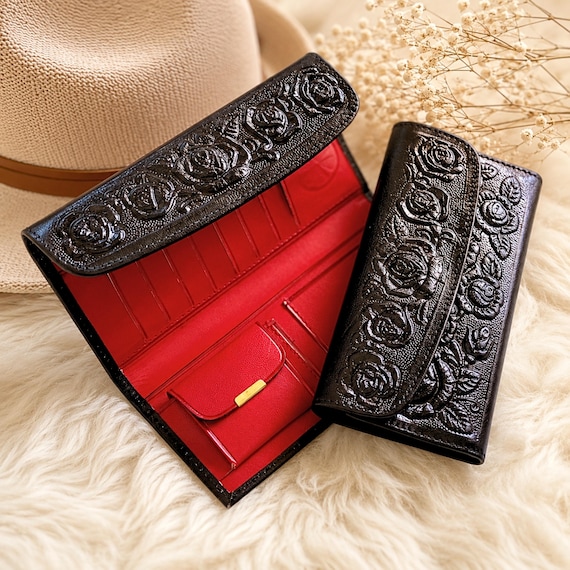 Women’s Leather Wallet with Embossed Roses • Two-Tone Design • Personalized Gift for Her
