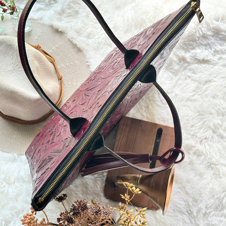 Boho Western Hand-Carved Zipper Tote Bag • Large Floral Leather Tote • Personalized Gifts for Her image 2