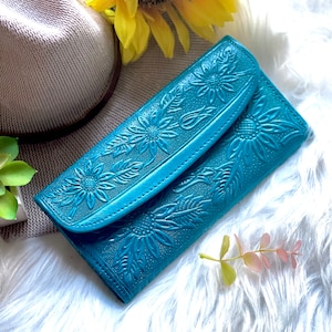 Handgemachte Sonnenblumen Leder Geldbörsen • personalisierte Geschenke • Portemonnaie Damen • Kreditkarten Geldbörsen