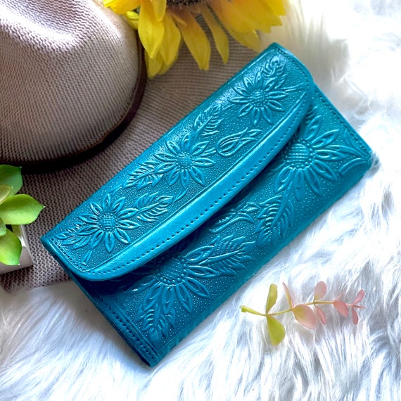 Sunflower Hand Carved Leather Wallet Custom Handmade 