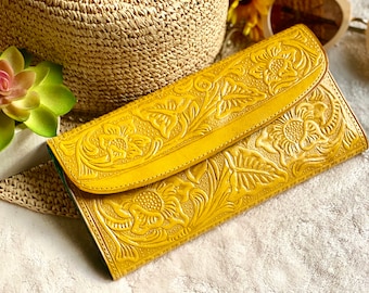 Lotus Carved Leather Wallet: Women's Long Bohemian Card Holder