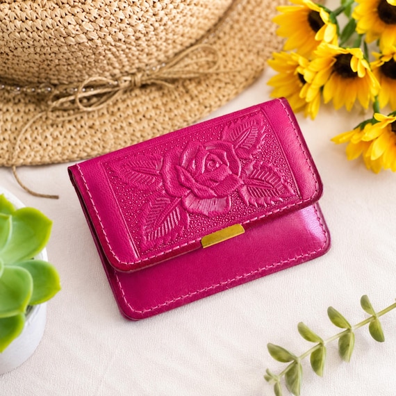 Embossed Rose Leather Card Holder Wallet for Women: Handmade Sustainable Leather