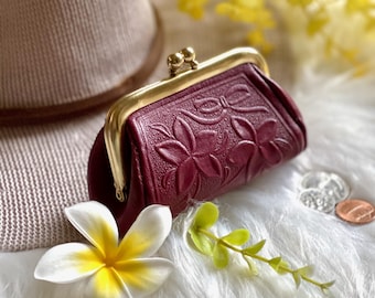 Handmade Leather Coin Purse: Vintage Kiss-Lock Clasp change purse , Floral Pouch