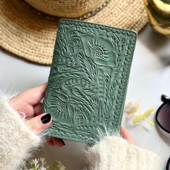 Floral Tooled Leather Passport Cover with AirTag Pocket - Handmade Travel Gift