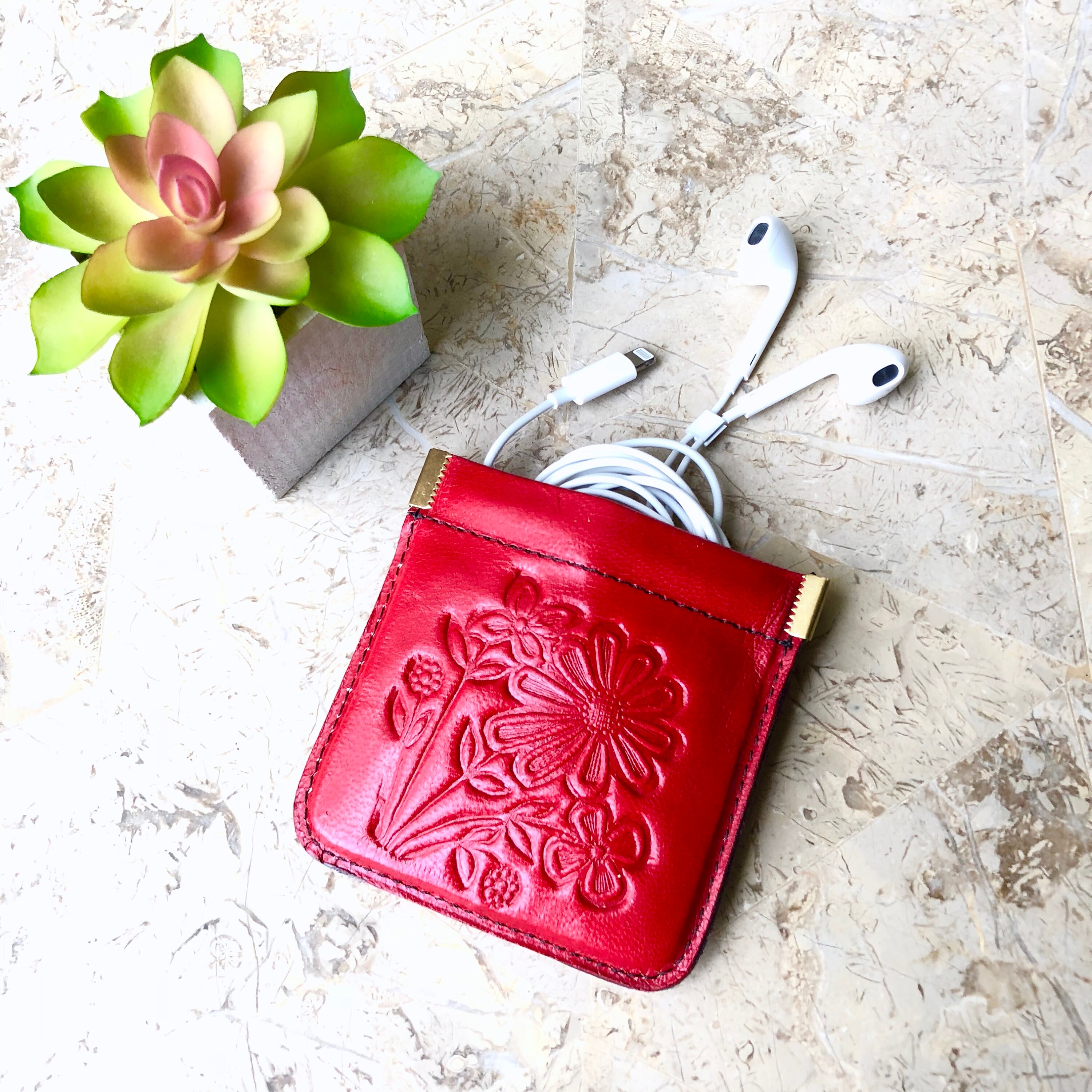 Leather Headphone Case, Tooled Leather coin purse, Tooled Leather