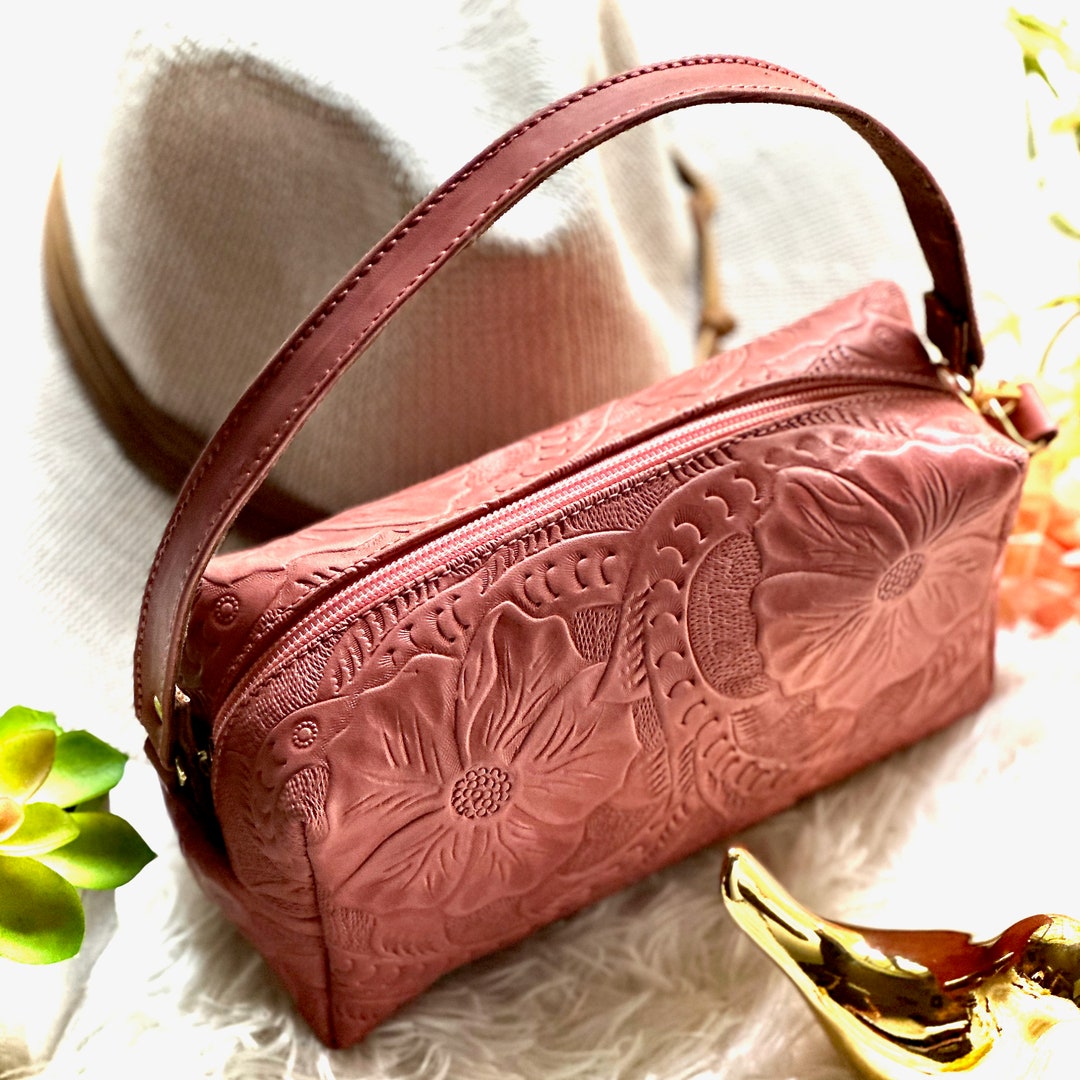 Handmade Tooled Leather Makeup Bag: Embossed Floral Travel Cosmetic Bag