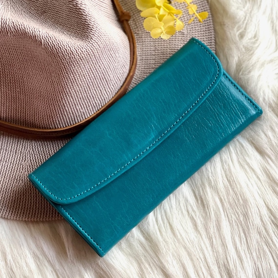 Engraved Teal Leather Wallet for Women • Handmade Long Wallet