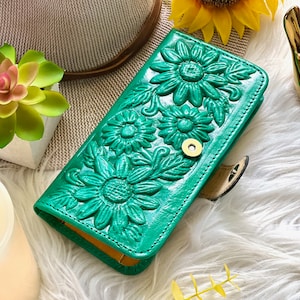 Cartera de piel con girasoles para mujer • Carteras bonitas para mujer • Carteras para mujer • Carteras con flores • Carteras para mujer • Regalos de Navidad para ella