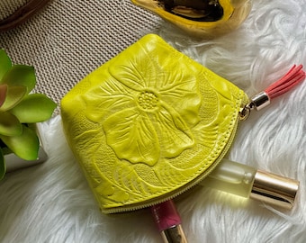 Embossed Leather Coin Purse: Small Bohemian Makeup Pouch