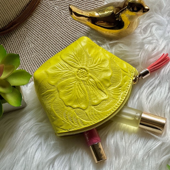 Embossed Leather Coin Purse: Small Bohemian Makeup Pouch