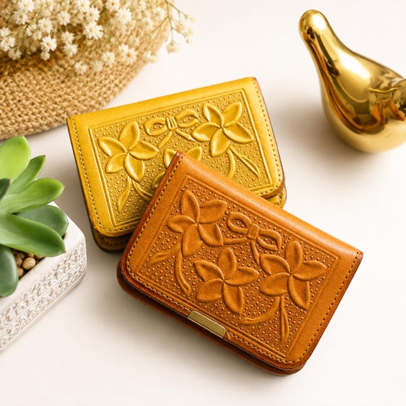 Small Leather Wallet for Women with Plumeria Flowers and Custom Engraving