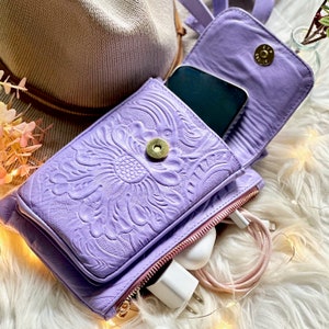 Personalized Leather Crossbody Phone Bag – Small Embossed Floral Cellphone Purse with Adjustable Strap