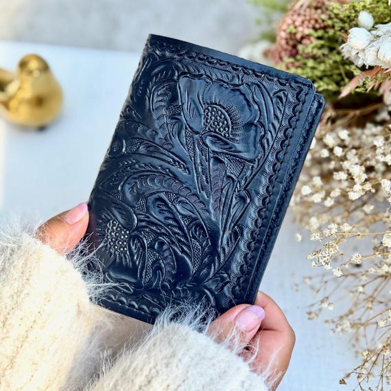 Floral Tooled Leather Passport Cover with AirTag Pocket - Handmade Travel Gift