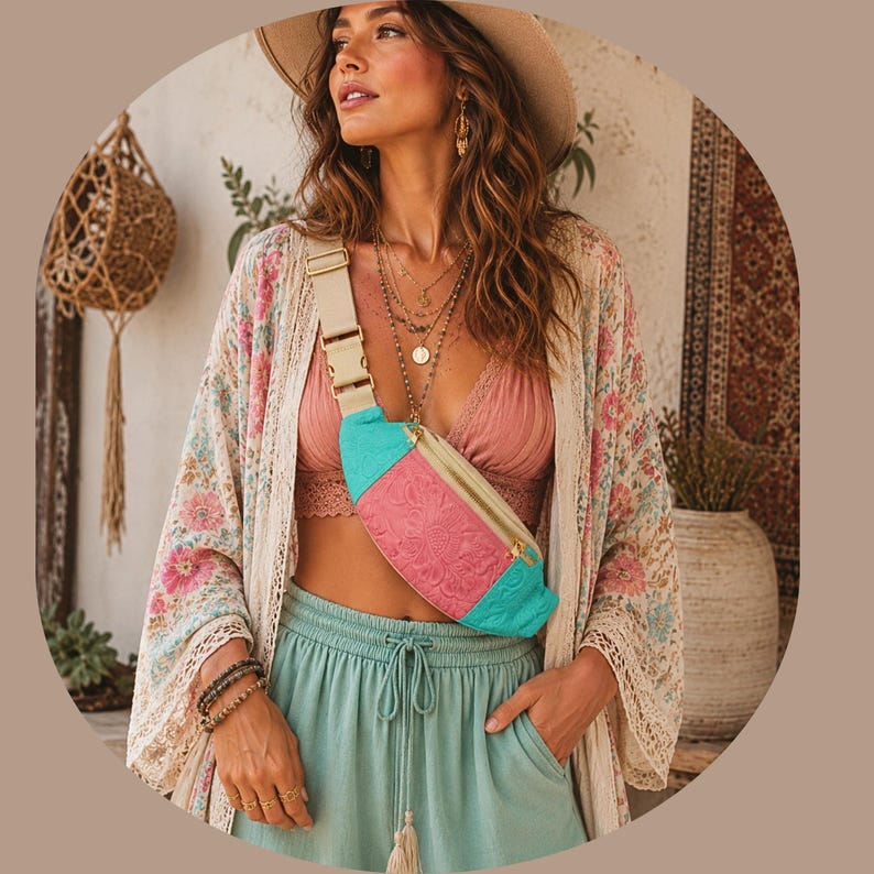 Op de afbeelding: Een crossbody heuptas met een color-block ontwerp, bestaande uit een felroze middenpaneel, turquoise zijpanelen en een beige verstelbare riem. Het roze gedeelte is voorzien van een gebloemd reli&euml;fpatroon en een goudkleurige ritssluiting.