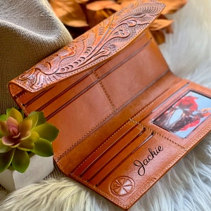 Handcrafted leather woman wallets Embossed leather wallets long wallets for women leather gifts image 10