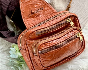 Handmade embossed sustainable leather fanny pack • personalized gifts for her • chest bag