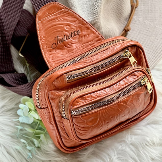 Handmade embossed sustainable leather fanny pack • personalized gifts for her • chest bag