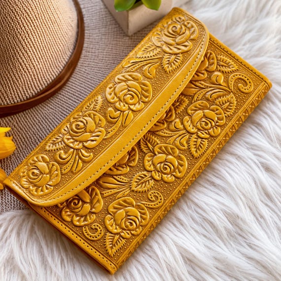 Floral Leather Wallet for Women, Personalized Rose Embossed Long Wallet, Handmade Gift for Her