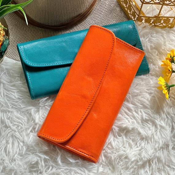 Handmade Long  Leather Wallets for Women • Orange Teal Clutch Purse, Personalized