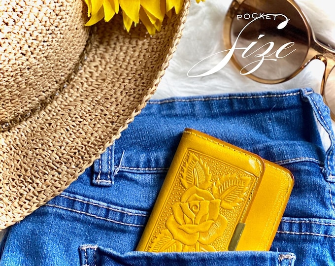 Mini Leather Wallet for Women • Rose Embossed Pocket Wallet • Small Card Holder • Gift for Mom •  Travel Wallet