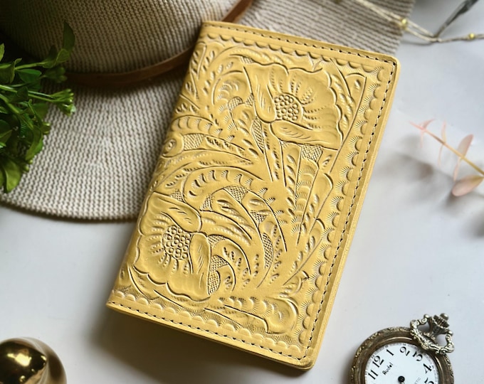 Tooled Leather Passport Cover with AirTag Pocket: Handmade Travel Wallet