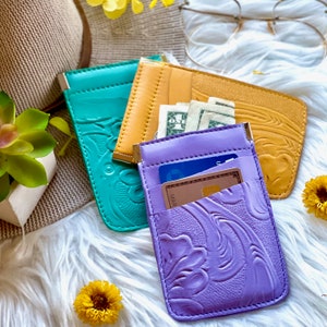Tarjeteros de cuero hechos a mano • Billetera para tarjetas de crédito • Estuche para apretar • Regalos para ella