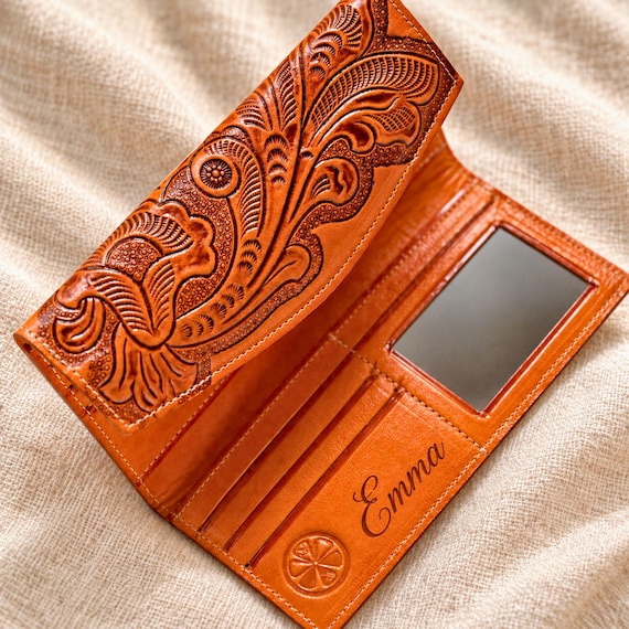 Personalized Floral Leather Wallet for Women, Embossed Western Trifold Wallet