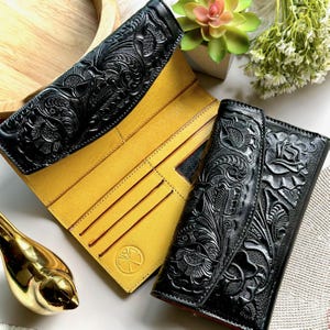 Womens Leather Wallet • Large Zipper Wallet with Card Slots • Personalized Gift • Handmade Wallet for Women • Embossed Floral Design