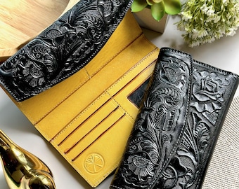 Womens Leather Wallet • Large Zipper Wallet with Card Slots • Personalized Gift • Handmade Wallet for Women • Embossed Floral Design