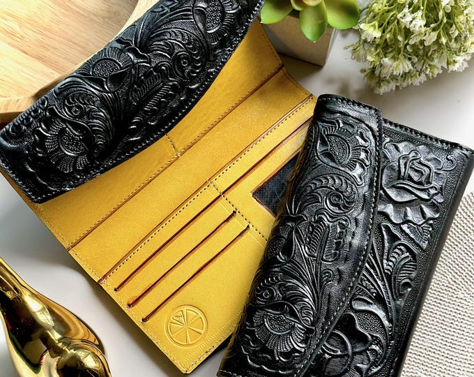 Womens Leather Wallet • Large Zipper Wallet with Card Slots • Personalized Gift • Handmade Wallet for Women • Embossed Floral Design