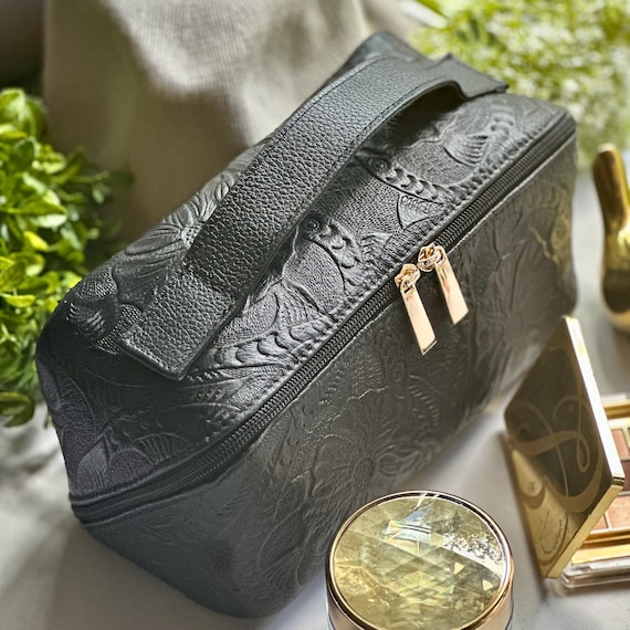 Floral Embossed Leather Makeup Bag, Personalized Travel Cosmetic Case