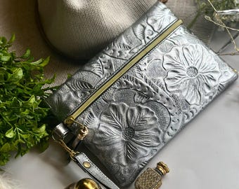 Personalized Small Leather Makeup Bag: Floral Cosmetic Pouch with Letter Charm, Sustainable Boho Gift for Her