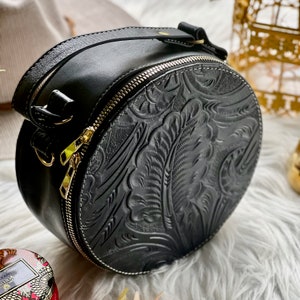 Cute tooled leather round bag crossbody bag women leather gifts for her small bags for women image 2