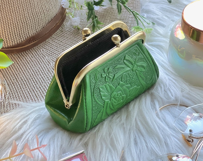 Vintage Embossed Leather Rose Coin Purse: Handmade Goat Leather